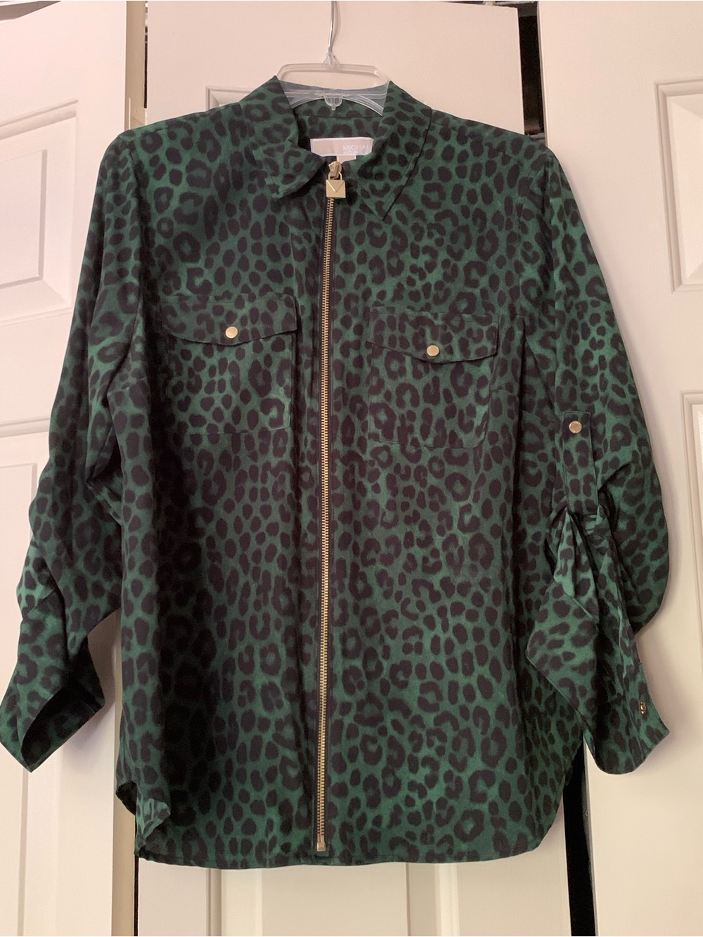 Michael Kors green leopard print blouse size L